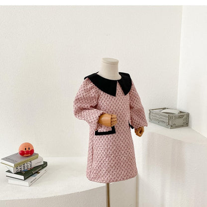 Arrival Autumn Girls French Fashion Argyle Pattern Long Sleeves Dress with Collar