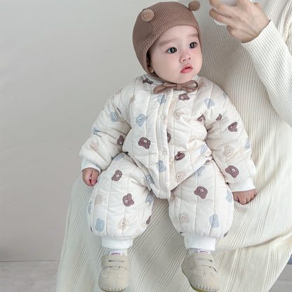 Autumn and Winter Arrival Unisex Baby’s Teddy Printed Fleece-lined and Thickened Rompers for Warmth