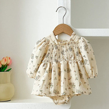 Autumn Baby Girls Flowers Pattern Long-sleeved Square Neck Onesies and Dress – Princess Sister Matching Set