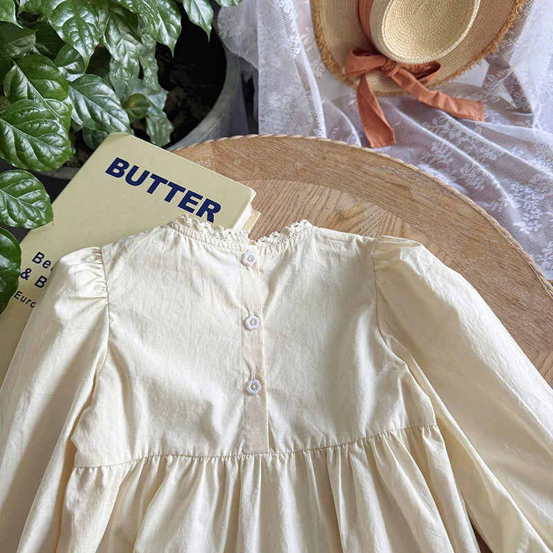 Autumn New Arrival Baby Kids Girls Flowers Embroidery Pattern Long Sleeves Lace Trim Decorated Dress