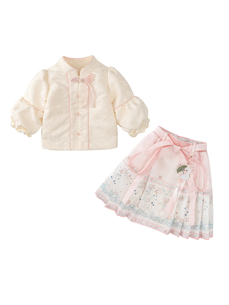 Autumn Arrival Baby Girls Simple Stand Collar Top and Rabbits Pattern Skirt Clothing Set-1