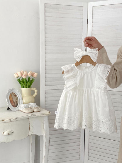 New Design Summer Girls Floral Embroidered Hollow Out Short Sleeves Onesies Dress