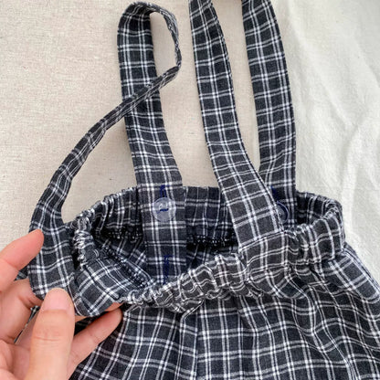 Spring and Autumn Baby Kids Boys Butterfly-bow Decorated Shirt and Sleeveless Plaid Strap Overalls Clothing Set