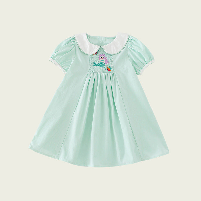 New Arrival Summer Baby Kids Girls Short Sleeves Mermaid Embroidery Dress