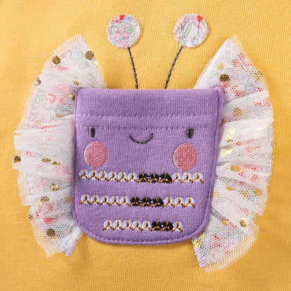 Autumn and Winter Arrival Cartoon Pattern Color Patchwork Long Sleeves Crew Neck Dress for Stylish Girls