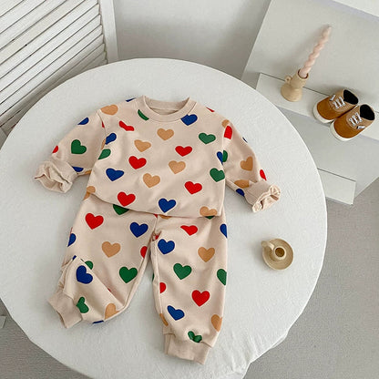 Arrival Autumn Baby Unisex Long Sleeves Colorful Heart Pattern Top Sweatshirt and Long Trousers Clothing Set