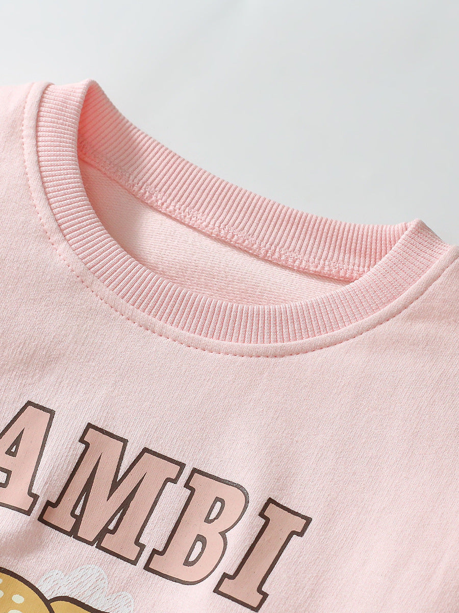 Spring And Autumn Girls Cute Cartoon Little Bambi Print Top Sweatshirt And Solid Color Pants