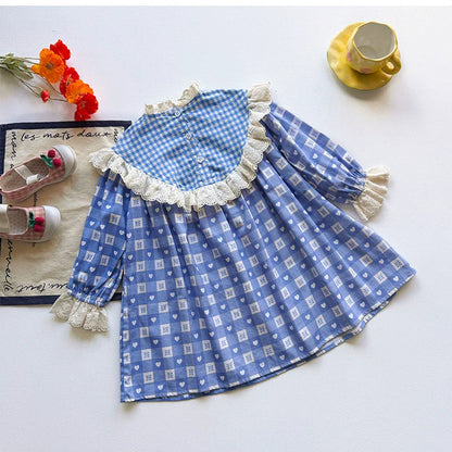 Arrival Girls Autumn Teddy Bear and Plaid Pattern Long Sleeves Dress