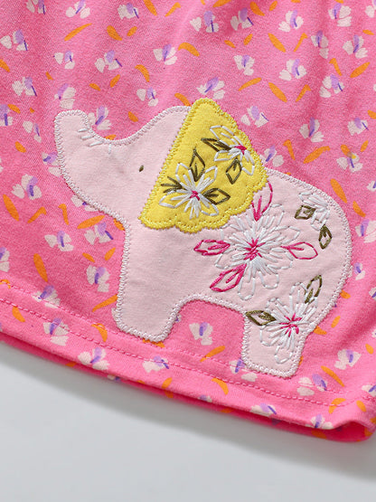 Arrival Autumn Girls Cartoon Elephant And Flowers Pattern Ruffle Neck Long Sleeves Princess Dress-4