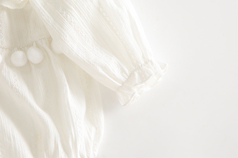 Baby Girl Solid Color Hollow Carved Pattern Ruffle Neck Onesies