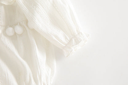 Baby Girl Solid Color Hollow Carved Pattern Ruffle Neck Onesies