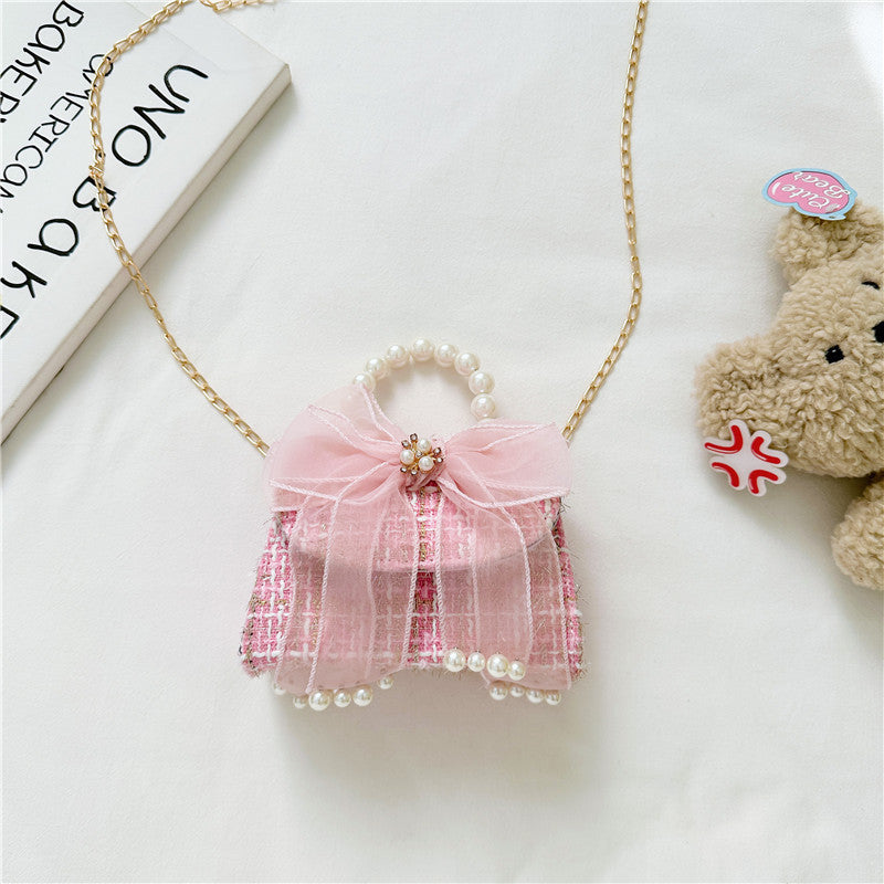 Fashionable Plaid Carry-On Girls’ Portable Mesh Bow Beaded Crossbody Handbag