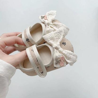 Spring and Autumn Baby Girl Fashion Floral Pattern Butterfly-bow Decorated Toddler Soft-Sole Anti-slip Walking Shoes