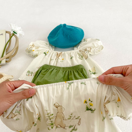 Bunny Pattern Square Neck Bow Tie Puff Sleeve Onesies & Sets