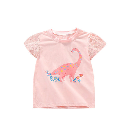 Girls’ Cartoon Pink Dinosaur Print Short Sleeves T-Shirt In European And American Style For Summer
