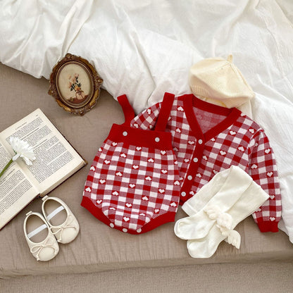 Autumn Heart Pattern Knitted Onesies & Cardigan Sets-3