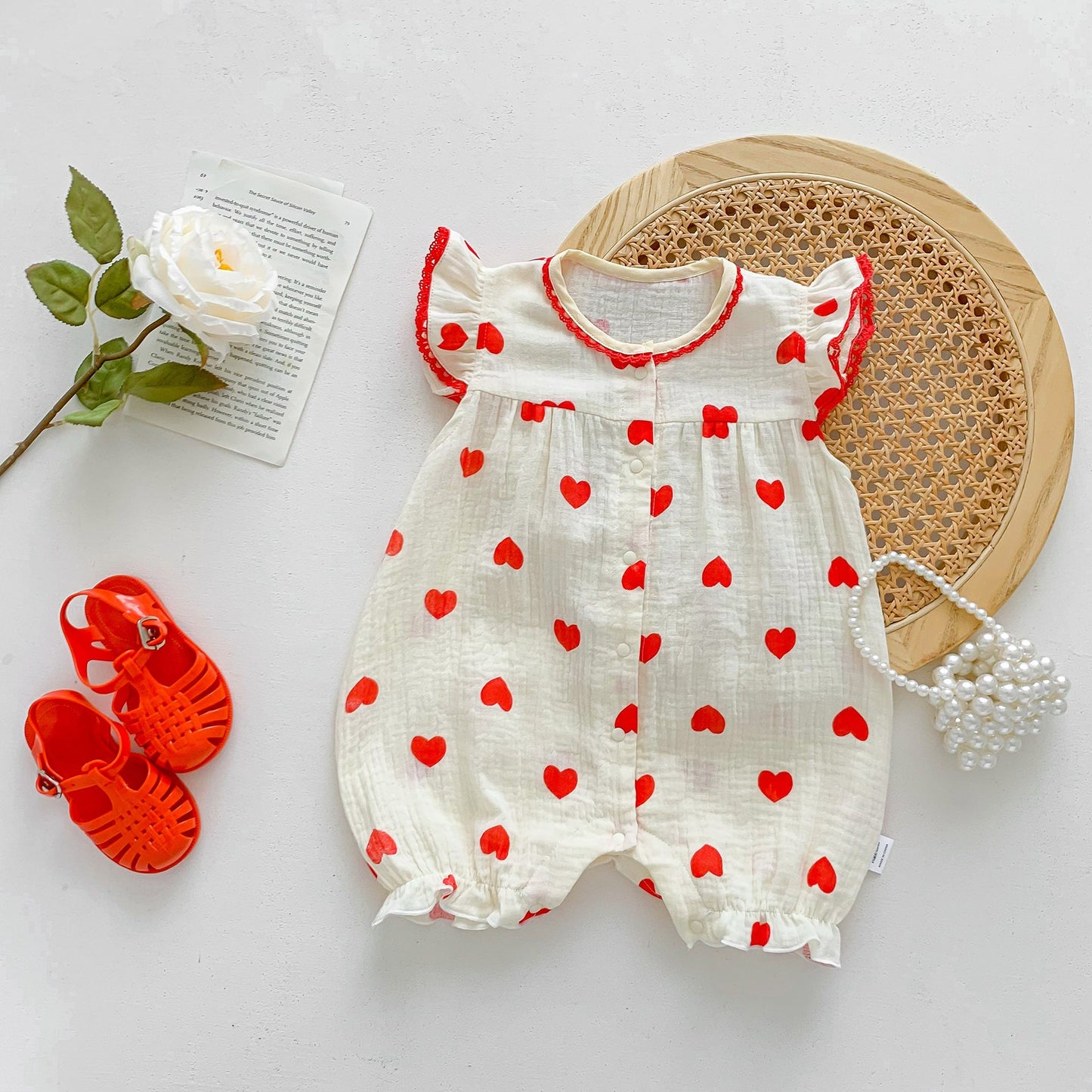 Best Selling Summer Baby Kids Girls Red Heart Pattern Fly Sleeves Romper