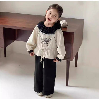 Arrival Autumn Baby Girls Long Sleeves Vine Embroidery Pattern Top and Solid Color Trousers – Clothing Set