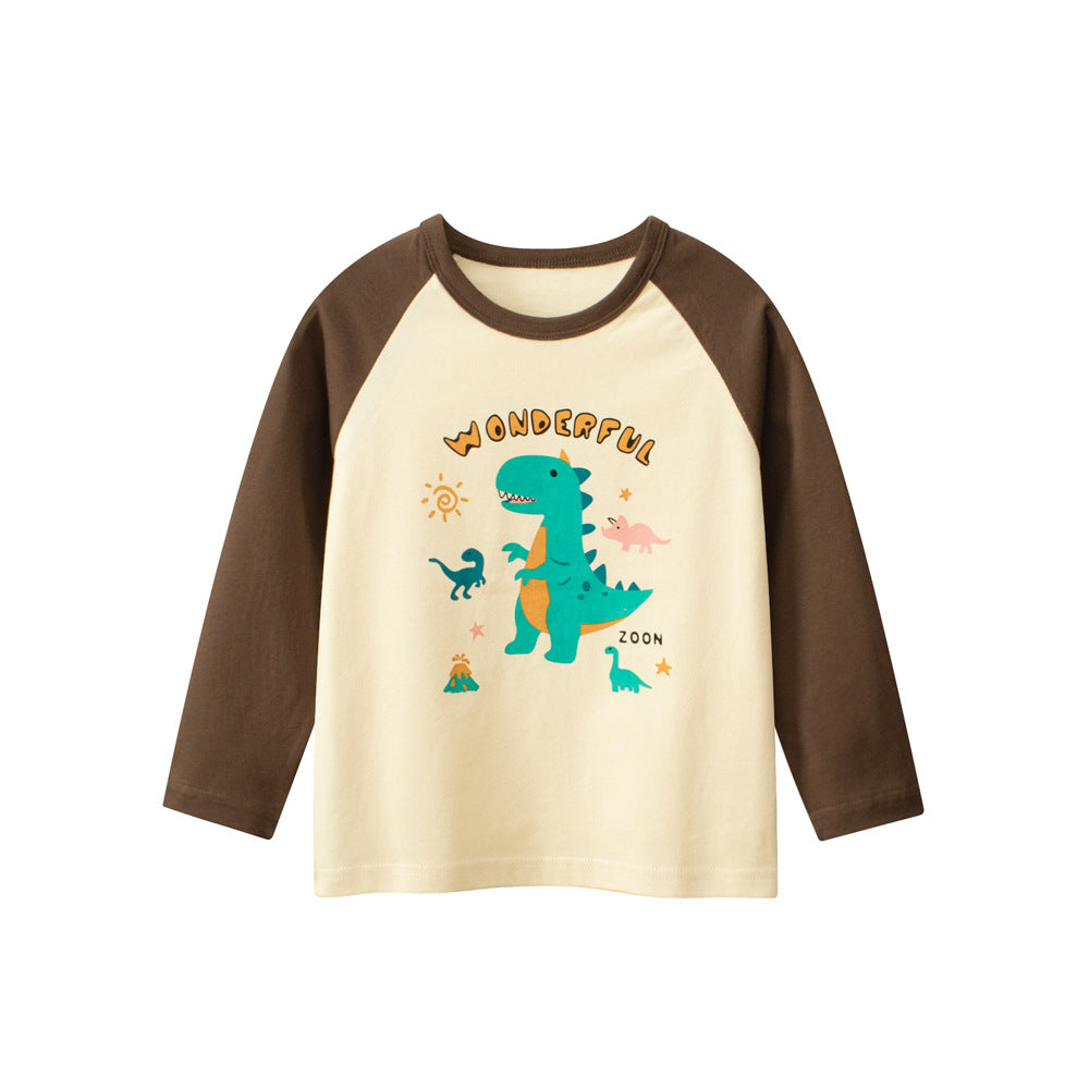 Autumn Baby Kids Boys Letters and Dinosaur Print Color Patchwork Long Sleeves Crew Neck Base Top Shirt-1