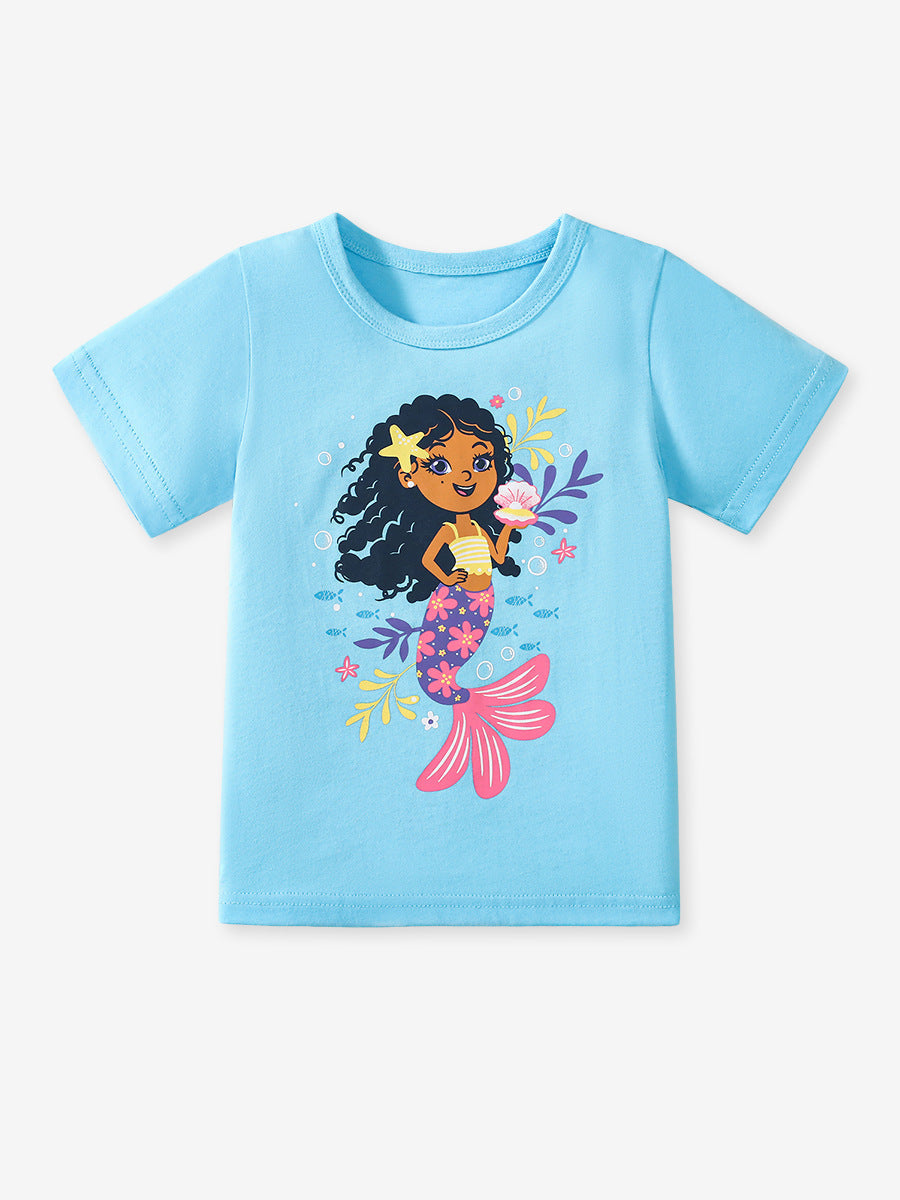 Kids’ Mermaid Cartoon Pattern Short Sleeves T-shirt in European and American Style for Summer
