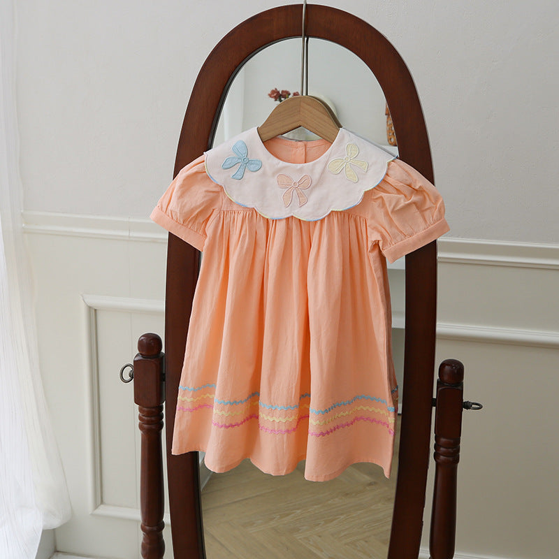 New Arrival Summer Kids Girls Colorful Bows Pattern Collar Short Sleeves Striped Dress