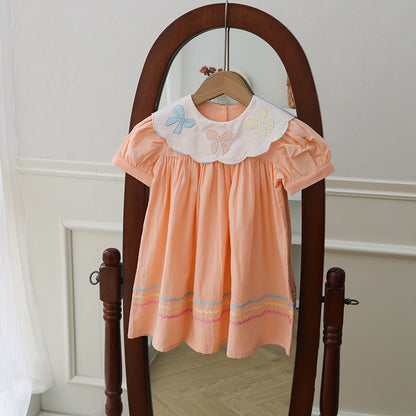 New Arrival Summer Kids Girls Colorful Bows Pattern Collar Short Sleeves Striped Dress