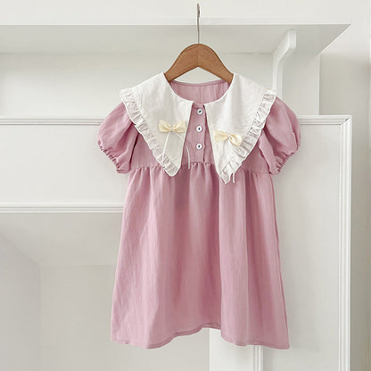New Arrival Summer Girls Vintage Countryside Double-Bow Collar Short Sleeves Dress