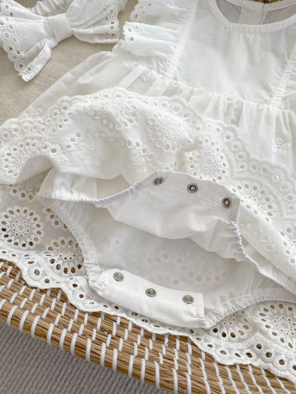 New Design Summer Girls Floral Embroidered Hollow Out Short Sleeves Onesies Dress