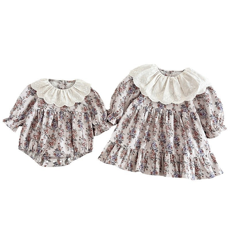 Spring Baby Girls French-style Floral Printed Long-sleeved Onesies and Dress – Princess Sister Matching Set-3