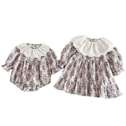 Spring Baby Girls French-style Floral Printed Long-sleeved Onesies and Dress – Princess Sister Matching Set-3