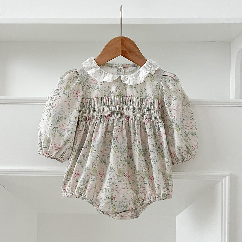 Arrival Autumn Baby Kids Girls Long Sleeves Light Green Floral French Collar Onesies and Dress – Princess Sister Matching Set-3