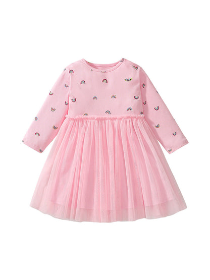 Arrival Autumn Girls Rainbows Print Crew Neck Long Sleeves Tulle Patchwork Princess Dress-0