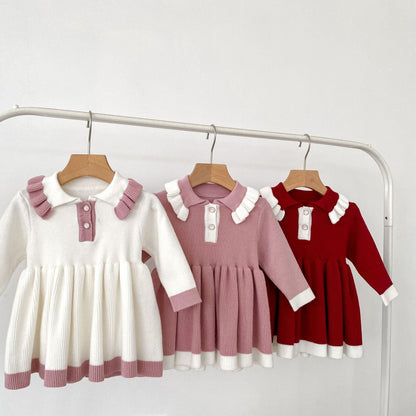 Autumn Arrival Baby Girls Knitted Long Sleeves Color Patchwork Dress