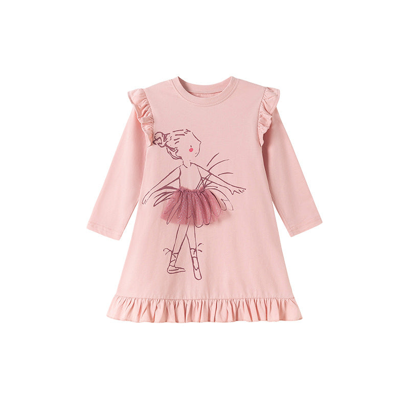 Autumn and Spring Arrival Tulle Decorated Fairy Cartoon Pattern Long Sleeves Dress for Stylish Girls