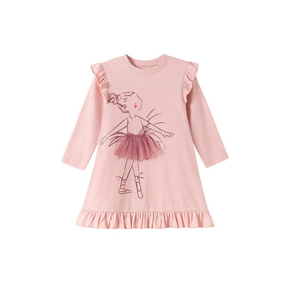 Autumn and Spring Arrival Tulle Decorated Fairy Cartoon Pattern Long Sleeves Dress for Stylish Girls