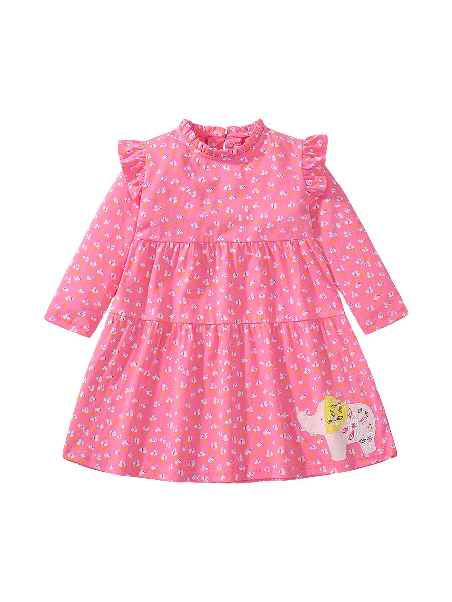 Arrival Autumn Girls Cartoon Elephant And Flowers Pattern Ruffle Neck Long Sleeves Princess Dress-0