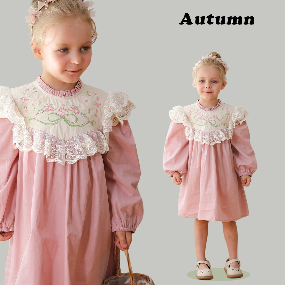 Design Autumn Girls Flowers Embroidery Pattern Long Sleeves French Style Lace Trim Dress