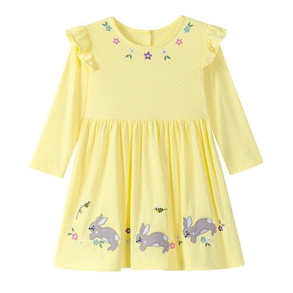 Autumn Arrival Cartoon Rabbits and Flowers Pattern Long Sleeves Crew Neck Dress for Stylish Girls
