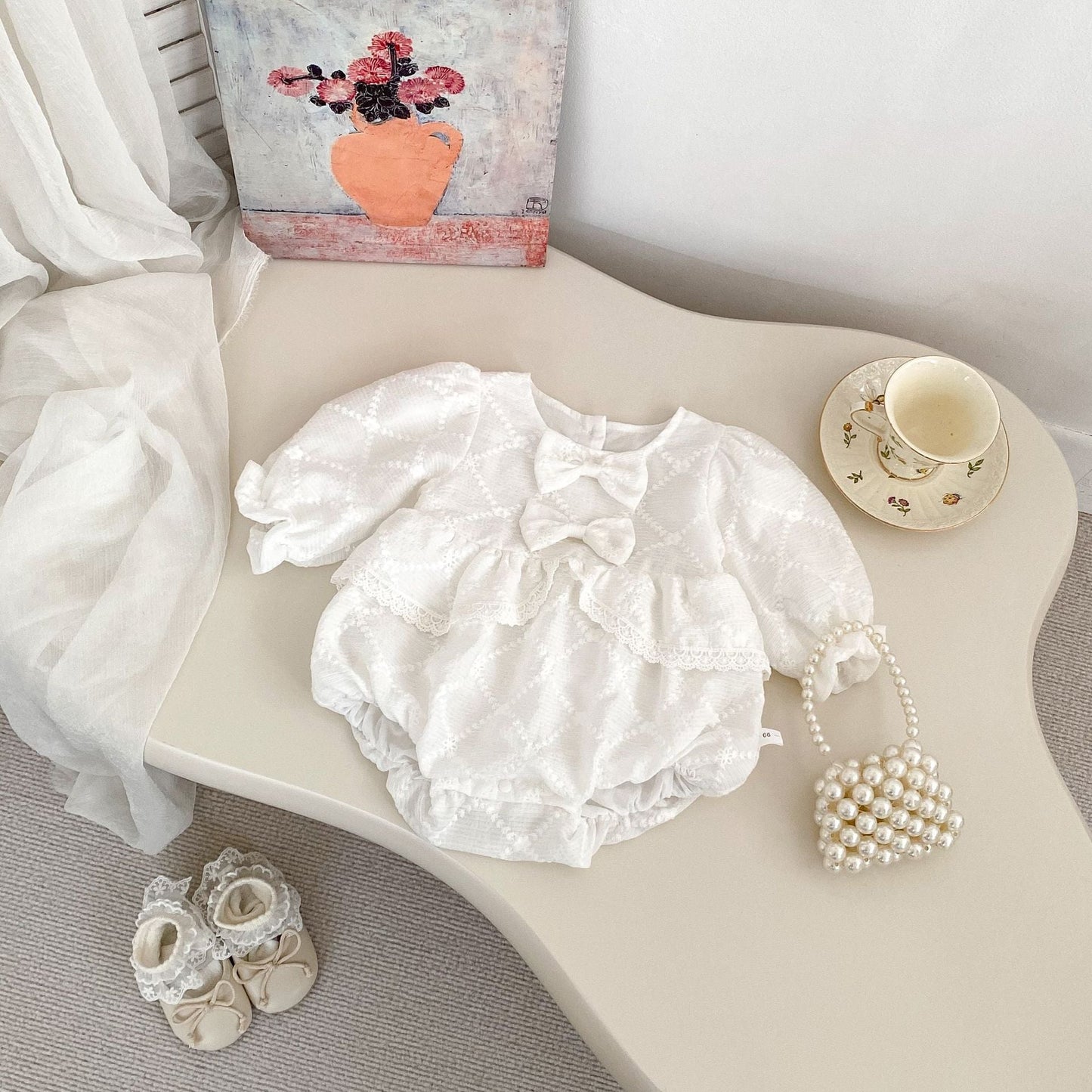 Spring Arrival Baby Girls Long Sleeves Floral Embroidered Bodysuits Onesies