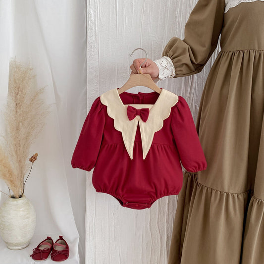 Autumn Arrival Baby Girls Long Sleeves New Style Collar with Butterfly Bow Attached Onesies