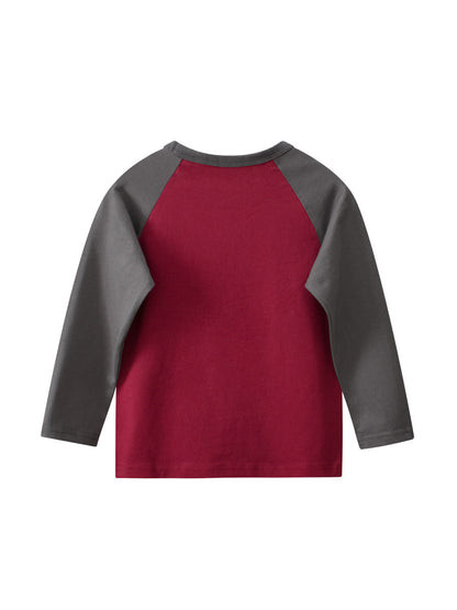 Autumn Arrival Kids Girls Cartoon Print Crew Neck Long Sleeves Color Patchwork Shirt