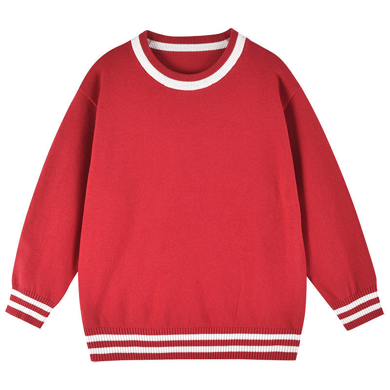 Baby Solid Color Striped Hem Design O-Neck Knit Sweater-4