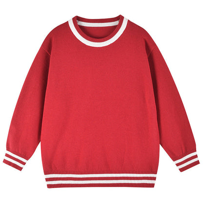 Baby Solid Color Striped Hem Design O-Neck Knit Sweater-4