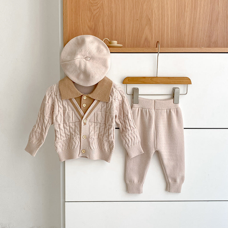 Arrival Autumn Baby Unisex Long Sleeves Geometric Pattern Knitted Top Cardigan and Long Trousers Clothing Set
