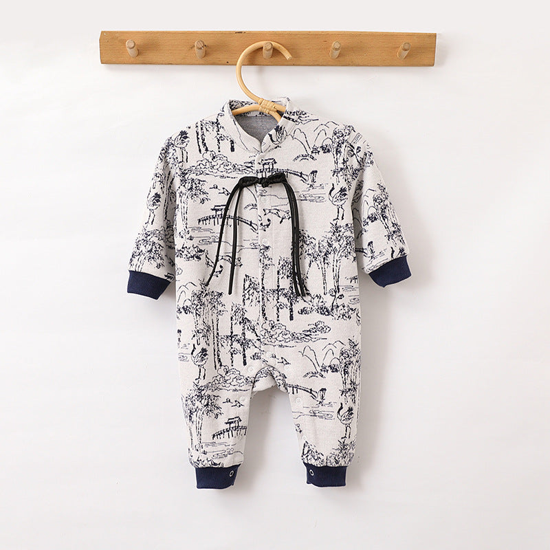 Autumn and Spring Arrival Baby Unisex Chinese Painting Pattern Long Sleeves Stand Collar Single Breasted Rompers