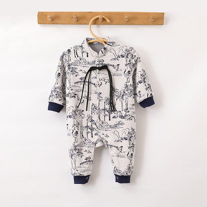 Autumn and Spring Arrival Baby Unisex Chinese Painting Pattern Long Sleeves Stand Collar Single Breasted Rompers