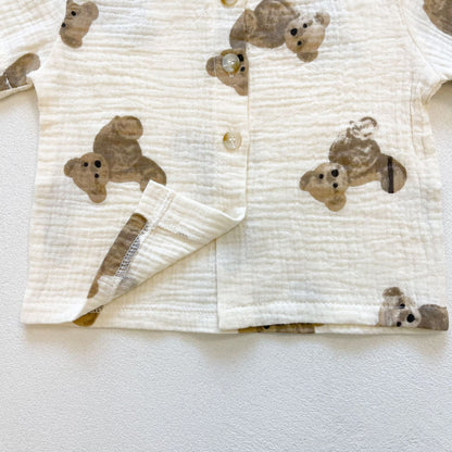 Baby Girl Bear Print Pattern Round Collar Shirt Top Combo Short Pants Sets In Summer Outfit Wearing-4