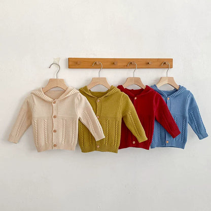 Autumn Arrival Baby Unisex Comfortable Solid Color Geometric Pattern Knitted Long Sleeves Cardigan with Hood-3