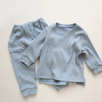 Spring and Autumn Kids Unisex Casual Solid Color Long Sleeves Striped Top and Pants Knitted Clothing Set