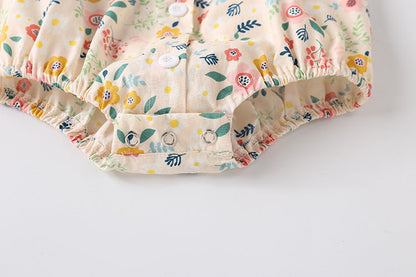 Baby Girl Froral Print Pattern Shirt With Double Collar Design Short Sleeved Onesies